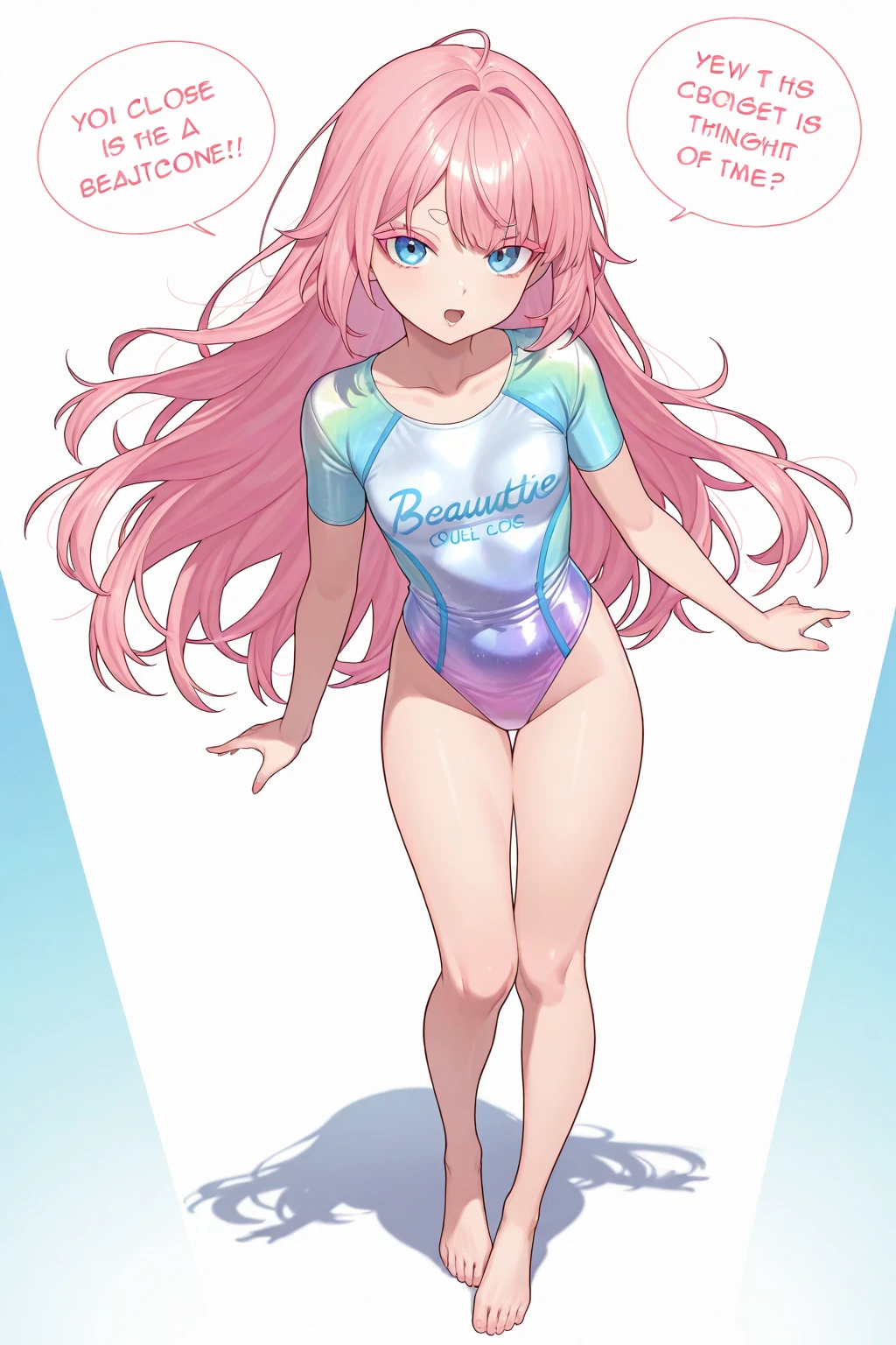 (nfsw:1.3), ((Masterpiece)), ((Best Quality)), (Ultra-detailed), ((kawaii)), Cute, (Lovely), ((Sexy)), (Ero), ((Extremely detailed)), 4K, (8K), Best Quality, (Beautiful), anime illustration, Anime style, Painting, looking at viewer, cowboy shot, (simple background:1.6), sexy posing, full body focus, gradation, a cute girl, 16yo girl, (1girl:1.3), (Solo:1.3), (one piece Japanese school swimsuit:1.1), (High-cut school swimwear:1.2), beautiful anime face, (beautiful pink hair color), (random color eyes), ((Beautiful eyes)), random hair style, (White-skinned), (large breasts:1.2), (saggy breasts:1.3), smirk, (smile:0.8), (horny), happy, (blush:1.5), open mouth, (50mm) Lens Flare, sparkling effect, shiny-glistening, gleaming
