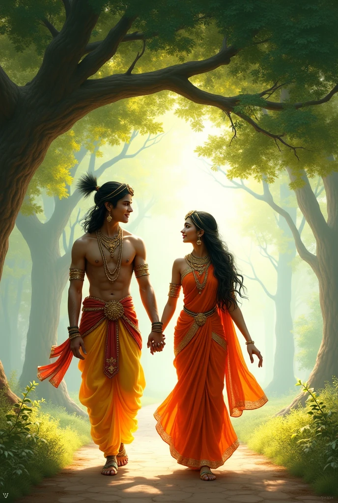 "The Exile of Rama and Sita": A painting showing Lord Rama, Sita and Lakshmana residing in the forest, with greenery and a hut in the background.
