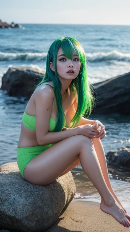 beautiful japanese lady wearing green bikini, beautiful face, detailed face, green hair, Sunset Beach