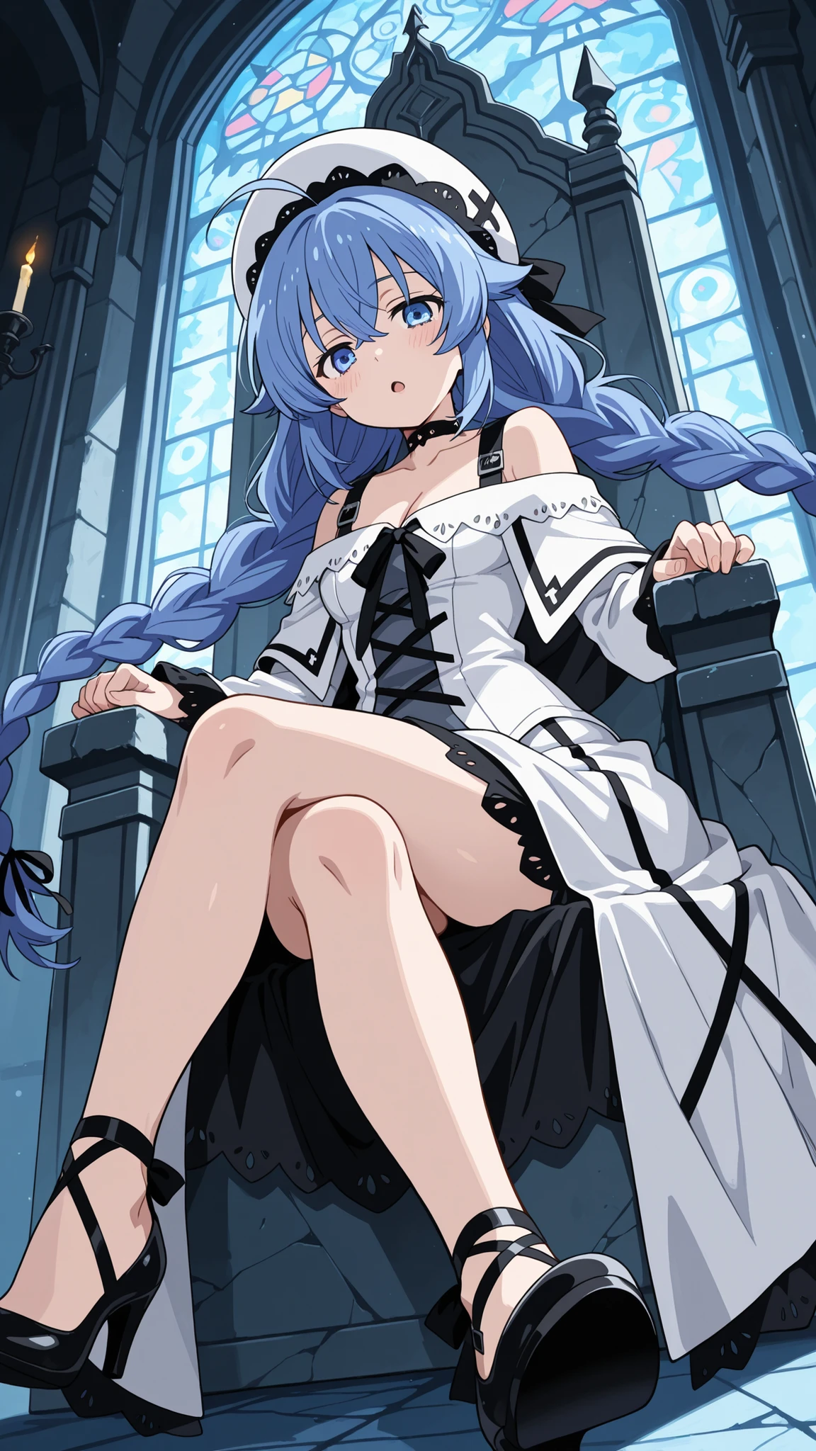 (best quality:1.3), (masterpiece:1.3), (illustration:1.3), (ultra-detailed:1.3), (mid shot:0.9), 1girl, yellow eyes, hair ornaments, , white dress, bangs, black gloves, black thigh-highs, closed eyes, black crown, long hair, solo, white dress, cape, (((light blue hair,))) large breasts, tall, mature, head ornaments, voluptuous, cape, elegant, luxurious sofa, blue coat, thighs, full body,