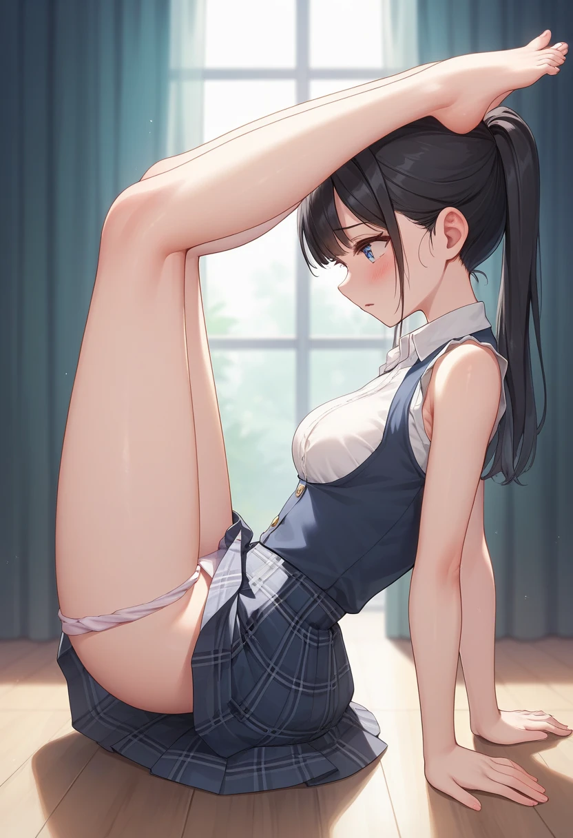 absurdres, RAW photo, extremely delicate and beautiful, masterpiece, Best Quality, ultra high resolution, 32k, hyperrealistic, ultra-detailed, perfect figure, in her 20s, very small head, very small face, delicate facial features, tearful mole, earring, huge breasts, legs, full body shot, medium hair, black hair, sweat, school_uniform,