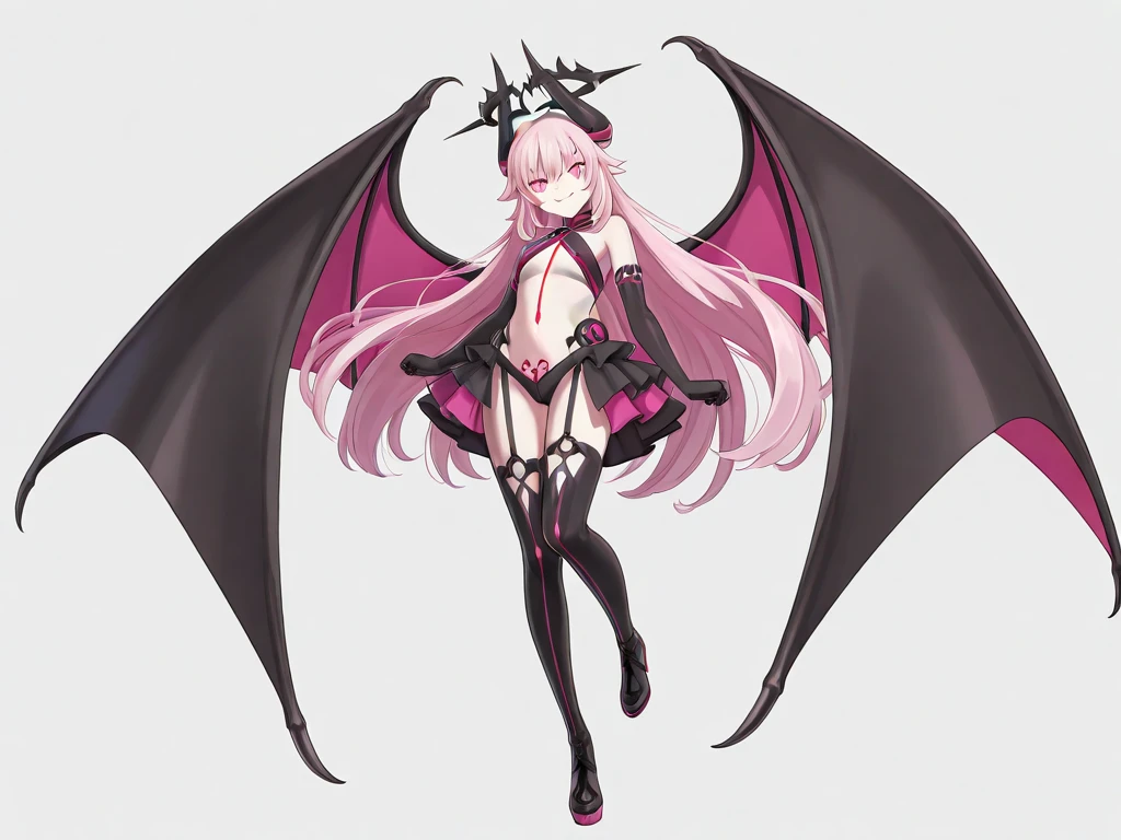 highest quality, white background, 1 girl, (Loli), pink eyes, cute face, Standing picture, The whole body is facing left,  standing upright, Light golden long hair, Horns grow from the head, black bikini, Devil wings grow from the back, 