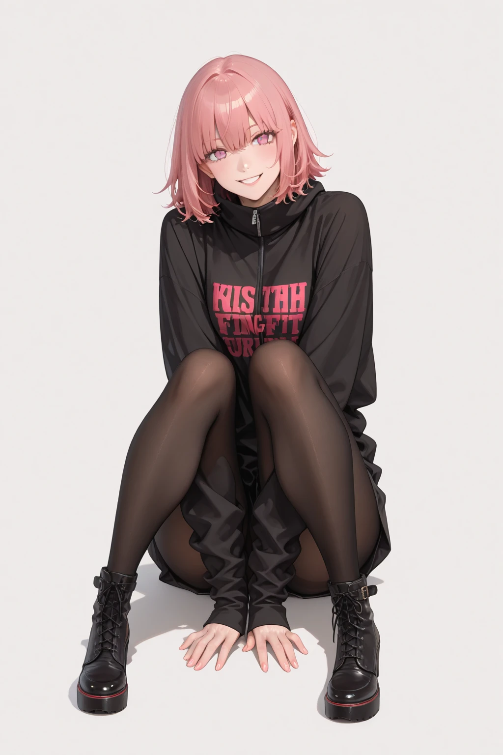 from front, a 25yo adult lady in pink polka dot diaper under leather long coat, standing on rural road at night, best quality manga illust <lora:diaper:1.0>
