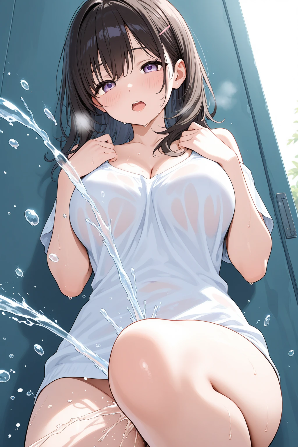 Anime art style,High resolution, high quality, One girl, Anime Girls, Close-up from behind of busty girl in sexy white leotard, dark blue hair,ponytail,long hair,blunt bangs, dark blue eyes,heart shaped pupils,[[pale skin]],Glowing Skin, Super big breasts, HH-sized breasts,beautiful breasts,long nipples,erect nipples,(BIG ASS),beautiful ass,Embarrassed,sweat,Wet,open legs, Sexy white leotard,crotchless leotard,bottomless,(Pussy Focus,From before:1.3), elegant face,love struck, Dynamic pose,(Pussy close up:1.3),(Urge to urinate:1.6),(bladder full:1.6),(Urination Desire:1.6),(Splashing pee:1.6),(Person urinating:1.6),(Erotic Body Twist:1.6),(shame:1.6),(orgasm:1.6),By the pool,