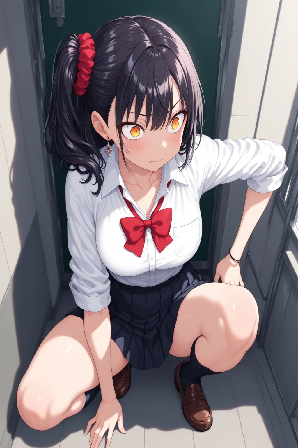 from the front,No underwear,Flat Chest,Pussy
,break,
Nico Yazawa, Flat Chest,Black Hair, (Red eyes:1.5), Twin tails, hair bow, bow, red bow,
,break,
Improve, shirt, Plaid, bow, blush, white shirt, hair ornaments, Manicure, Plaid skirt, bowtie, Pleated skirt, Cleavage
,break, 
despise ,Disgusted face, Disgusted face,Unpleasantness,Frowning,distress,Frowning,rage,,{{{Scary:1.5}}},{{{Grit your teeth:1.1}}}, Looking down at the viewer, {{{Shadowed face}}}, masterpiece,Absurd, Beautifully detailed face
,break,
,Squat,Looking down at the viewer,Squatting, 
((Tabletop,High resolution)), Tabletop, Highest quality, , Absurd, Perfect Skin, Detailed skin texture, Ultra-detailed, 8K, Intricate details, Beautifully detailed face,High resolution, One girl ,from the front.
indoor,locker room