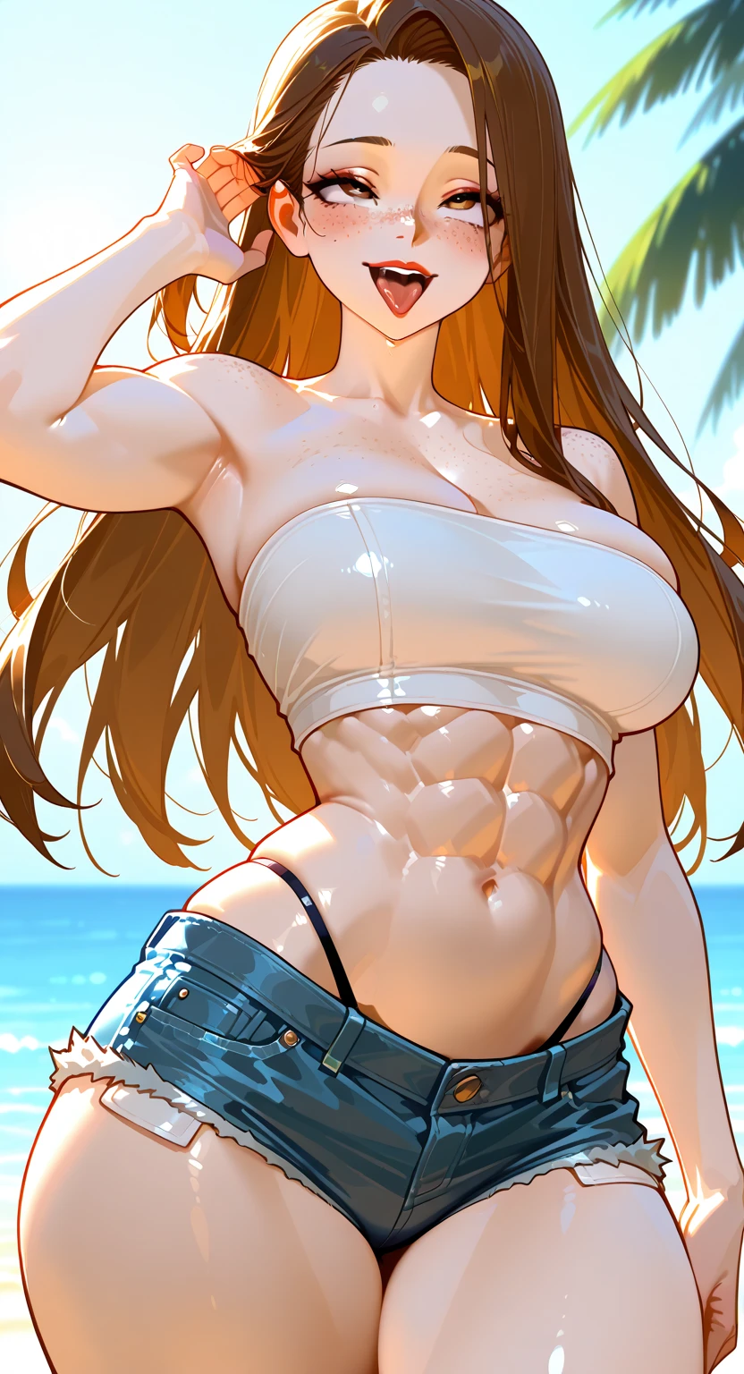 (masterpiece, best quality), 1girl, beautiful woman with wavy hair, standing on the beach, red hair, average breasts, wide hips, slim body, athletic body, muscle, muscular, abs, (red sports bra, black midi pencil skirt), sandals, (cleavage, midriff, waist, hip bones), ocean waves, looking at viewer, full body, hand on hip, messy hair, sweatdrop, very sweaty, full-face blush, light smile, necklace, gold bracelet, wide-eyed