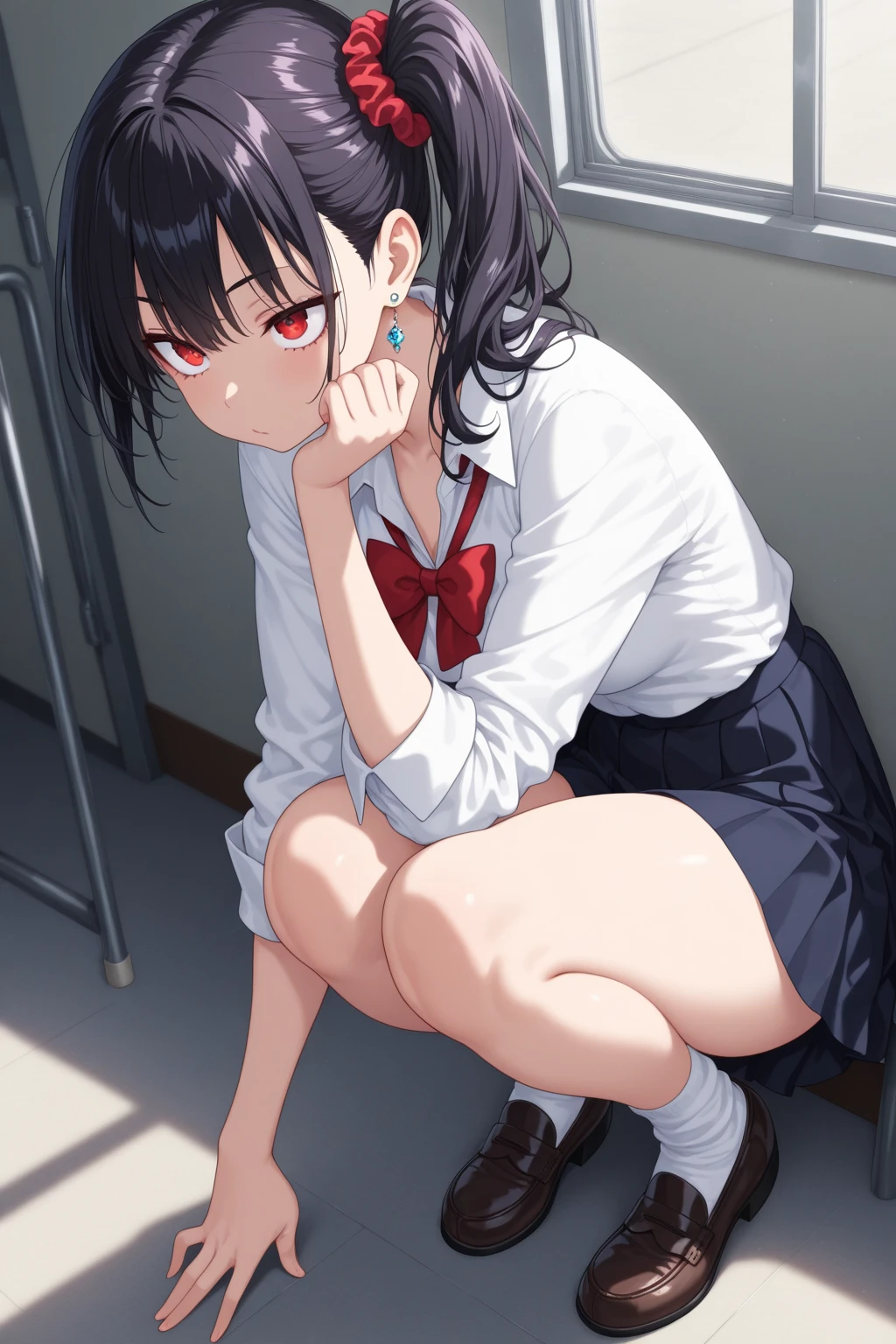 ((highly accurate))、((high-detail))、((4k CG))、Anime girl kneeling on the floor in a short skirt and red tie、Cute little girl s、the anime girl is crouching、Beautiful anime girl squats、Anime Moe、((Beautiful red eyes))、((8K Eyes))、brown haired、short-haired、((Fantasy world sense))、((A sexy))、Nasty look、