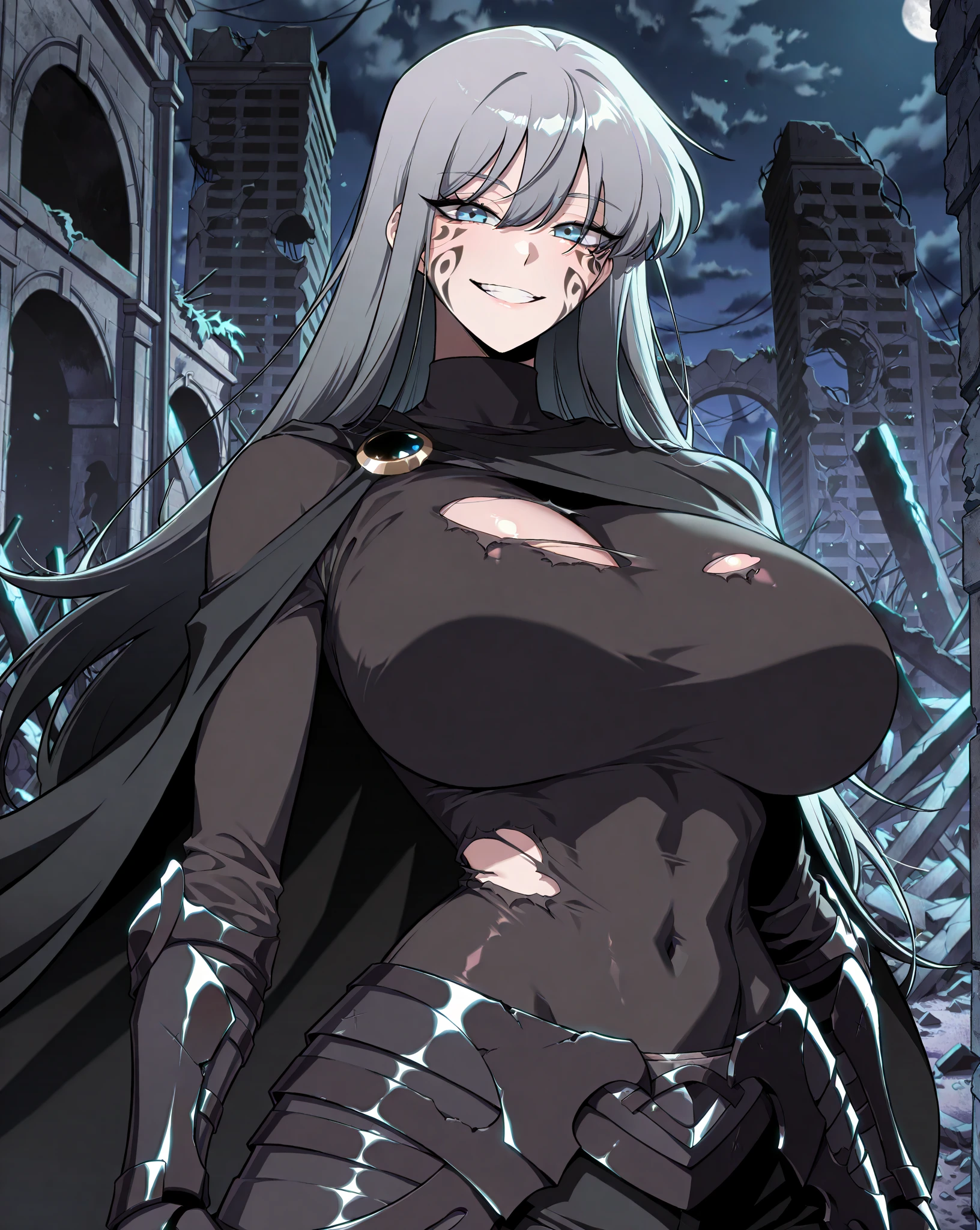 score_9, score_8_up,score_7_up, source_anime, rating_questionable, 1girl, solo,EPpkNessa, blue eyes, black hair, blue hair, streaked hair, single hair bun, dark skin, dark-skinned female, large breasts, edgWraith, hooded cloak, armor, torn clothes, pale blue ,wearing edgWraith , black lips, black eyeshadow, black fingernails, black leather, night, alley, empty street, full moon, bat \(animal\), eldritch abomination, green energy, malevolent forces, evil necromancer, sinister, diabolical, nefarious, vicious, blood, blood splatter, blood stain, fangs, sharp teeth, grin, crazy eyes, crazy smile, monochrome, greyscale, manga, multiple views,