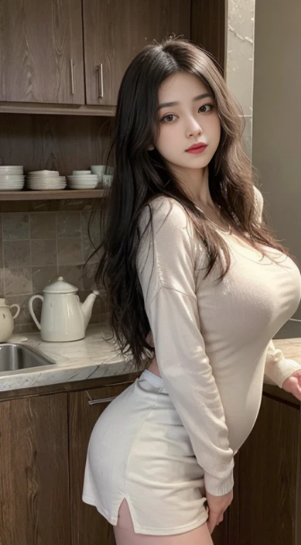 masterpiece,highest quality, Japanese, 55 years old, (one attractive old woman), ((wrinkles)), (目尻のwrinkles), (nasolabial folds), black hair, Japanese, Top quality, 1 beautiful woman, long Hair, brown hair, V-neck Sweater, Long Skirt, Full Body Shot, Kitchen、large breasts, (milf), (((leaning forward))), (((sticking out the butt))), (Your back is facing the camera)、(((mouth wide open))), (((eyes closed))), (sensual)、(Hands on the table)