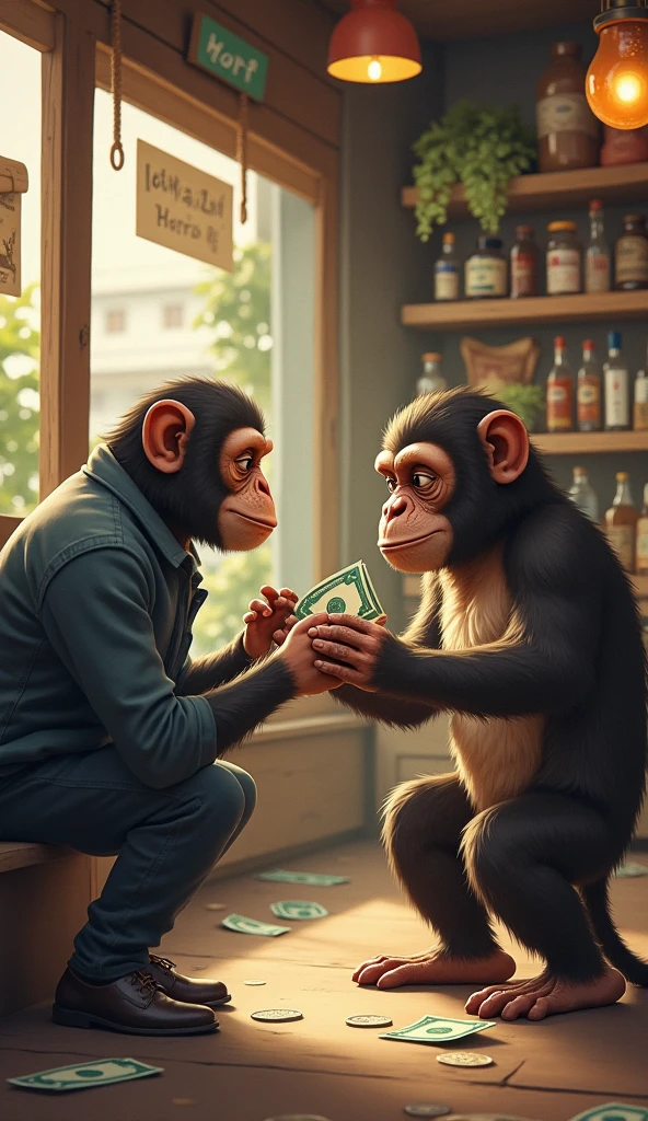 2 chimpanzees sitting around a table doing business in suits, one has long curly blonde hair and one short black hair, smoking weed, anime figurines on the table,