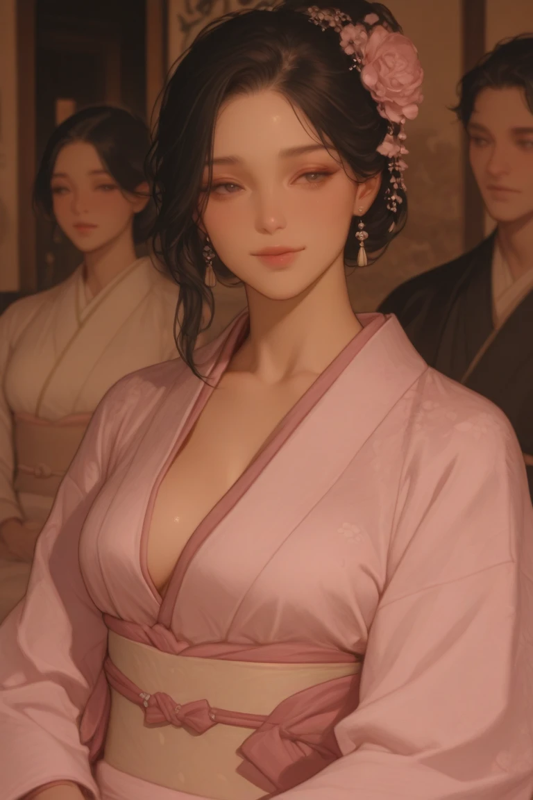 Beautiful mature Japanese woman aged 55, One woman, Married women, Long eyelashes, Low Ponytail, Hair fluttering, Red lipstick, Pink Cheeks, Pearl Necklace, Earrings, Dark eyeshadow, Cleavage, Colorful one-piece dress, Beautiful body, Beautiful smile, Focus on the whole body