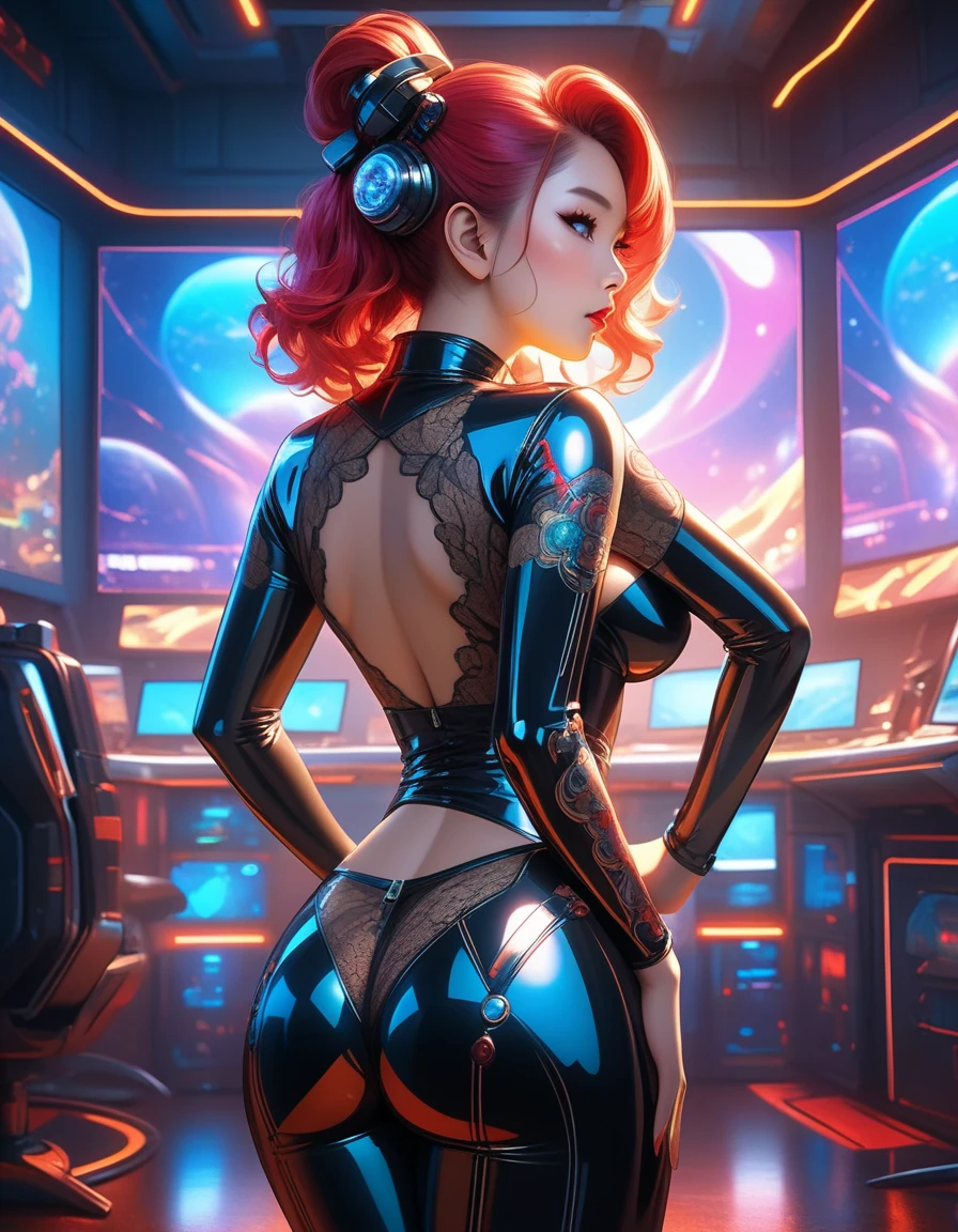 (best quality, 8k, masterpiece, ultra-detailed),vintage Woman 32 years-old pin-up,crossed pantyhosed legs,red straight hair,bangs,beautiful detailed face, big eyelashes,ponytail,little smile,jewerly,((((dress printeded)))),futuristic spaceship scenario