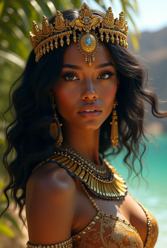 Portrait of an African Cleopatra woman with white turban and peacock feathers, High definition art, piercing, olhos gentis, well defined face, savannah and sand in the background, night with glowing sand particles illuminating the scene, style artgerm, 32 mil, ultra HD, unreal mechanism rendered, hyper-realistic image, camara canon r6 objetivo 100mm 2.8f portrait 30 years old, diamond face, starry sky background, Depth of field, magie, big red lips, ((dark and black eyes)), Medium chest covered with futuristic panther adornments, mystical atmosphere, menacing shadows, intense blue aura, Intense red aura (best qualityer:1.2), absurderes, details Intricate, (highly detailed skin:1.2), smile expression, posando, attractive bust. highly realistic, Brunette skin burned by the African sun, comely, Hyper-Realism, very elaborate skin, direct gaze, night sky, futurist, (work of art, ultra detaild, A high resolution) , I DON'T WANT HUMANS, There is a flow of energy, Very real scenario, clear shades of purple and blue, ultra details.