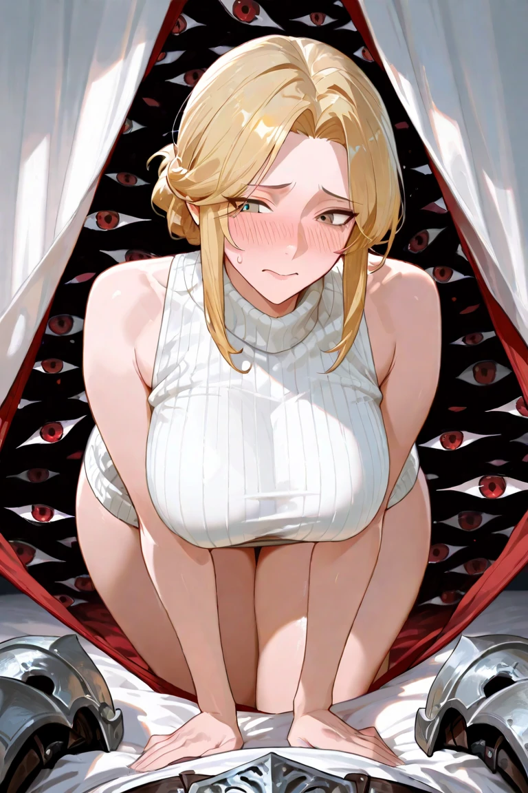 masterpiece, best_quality, (woman:1.8), (adult:1.67),(milf:1.7), solo, princess zelda, the legend of zelda, sksw, silk, large luxury bedroom, collar, choker, (o-ring collar),(bare shoulders), blushing, (straight back), (smiling:0.1),(blushing:0.7), (facing viewer), (looking at viewer),   sitting on edge of bed, (large breasts), (shy:0.9)((nude:1.5)),(hands tied behind back),(legs tied),((blindfold)),(long hair)(bondage:1.2)(soft skin)((ring gag))(open mouth)