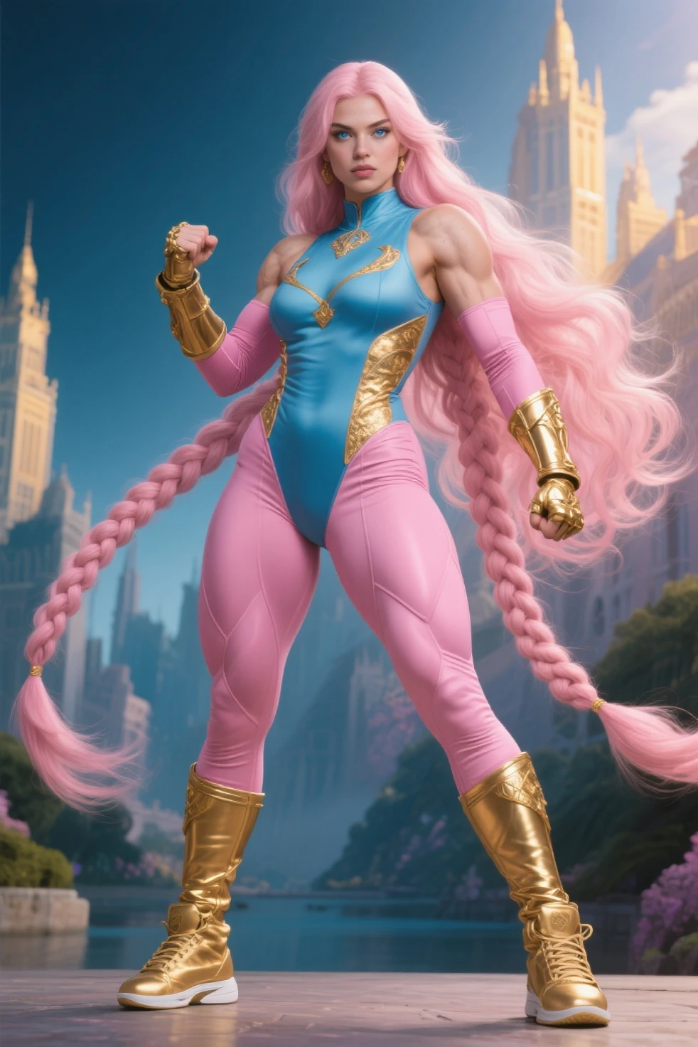 GORGEOUS GODDESS WOMAN , TALL WOMAN BODY, TALL WOMAN, STRONG CURVY ATHLETIC BODY, MUSCLES, BLUE PINK COSTUME, THONG BODYSUIT, GOLD DETAILS, EXPOSED GORGEOUS THIGHS, SWEATY GLUTES, STRONG GLUTES, GOLD TENIS, GOLD GAUNTLETS, HUGE LONG BLUE GREEN PINK HAIR, VERY PALE SKIN, HAIR, BRAIDED HAIR STYLE, EXPRESSIVE LIGHT GRAY EYES, HIGH CHEEKBONE, ROSY CHEEKS, STRAPLESS BODYSUIT, FULL BODY PERSPECTIVE, SIDE BODY VIEW, WAR CENARY, SENSUALITY, MITHOLOGY, MASTERPIECE