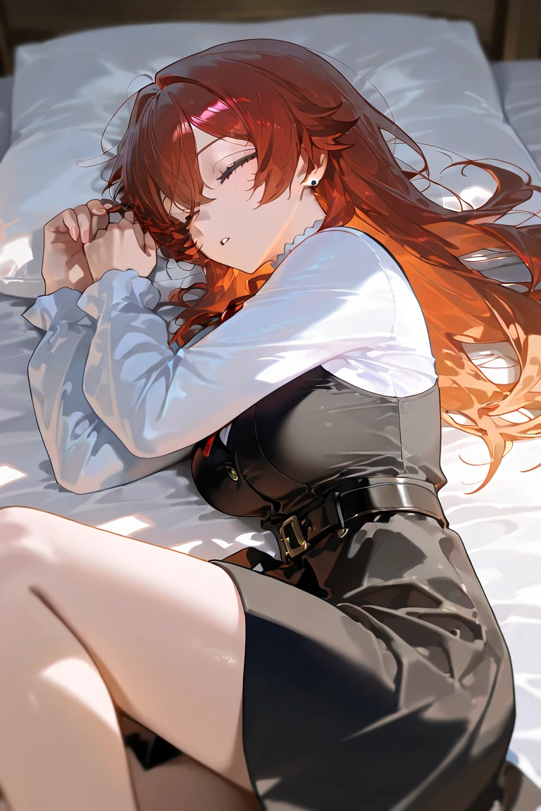 {{lying down on one's side}},{Lying on the bed},,,{{Resting with an aching body} {{lie down:1.6}},{{masterpiece}}, {{{Highest quality}}},{{Very detailed}}, {{figure}},{{tall}},{{Adult female}},,{{}},{1girl},{{Long sleeve mini skirt uniform}}},}}{}},{{Pain,}},{}, ,{{white blouse}},{}},,{{blushing with anger}},{{one eye closed,}},,{{Grit your teeth,suffering,v-shaped eyebrows.,Sweat dripping,raise one's eyebrows,}},{{}},,Slender body}}{{suffer}}{{Female police officer}},,,,suspenders ,Long sleeve mini skirt uniform, ,Black fingerless gloves, Long Red Hair, Red tie,Straight hair ,Blunt bangs,Thigh holster,.loafer,,blush,Wrinkles ,amount,Medium chest ,get annoyed,,Slums,,Twisting,