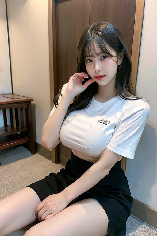 （（midynight， Acura， 8K， tmasterpiece： 1.3））， full bodyesbian， long leges， Focalors： 1.2， perfect figure beautiful woman： 1.4， Slim abs： 1.1， （dark brown  hair，： 1.2 ））， （tight tshirt， short  skirt，sitting on a stool： 1.2）， （city night scene， the roof： 1.3））， Highly Detailed Face and Skin Textur， detailedeyes， 二重まぶた，
