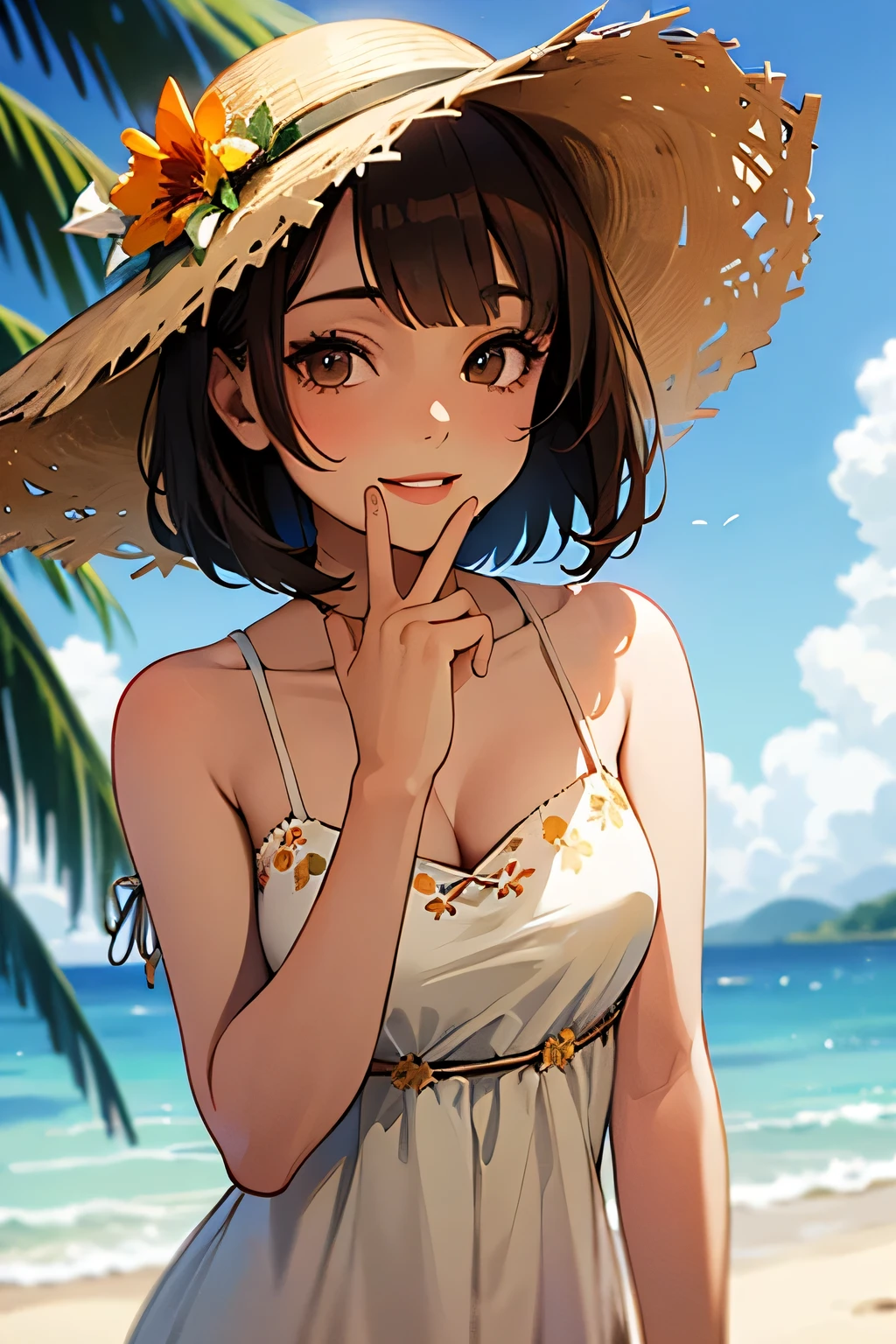 (Best quality, dynamic lighting, highly detailed, HDR) Brown haired young woman, mature, beautiful, bob hair, brown eyes, slim, medium-small breasts, perky nipples, white floral summer dress, summer hat, bare shoulder, cleavage, sleeveless, smiling, head shot, beach background, gravure magazine cover.