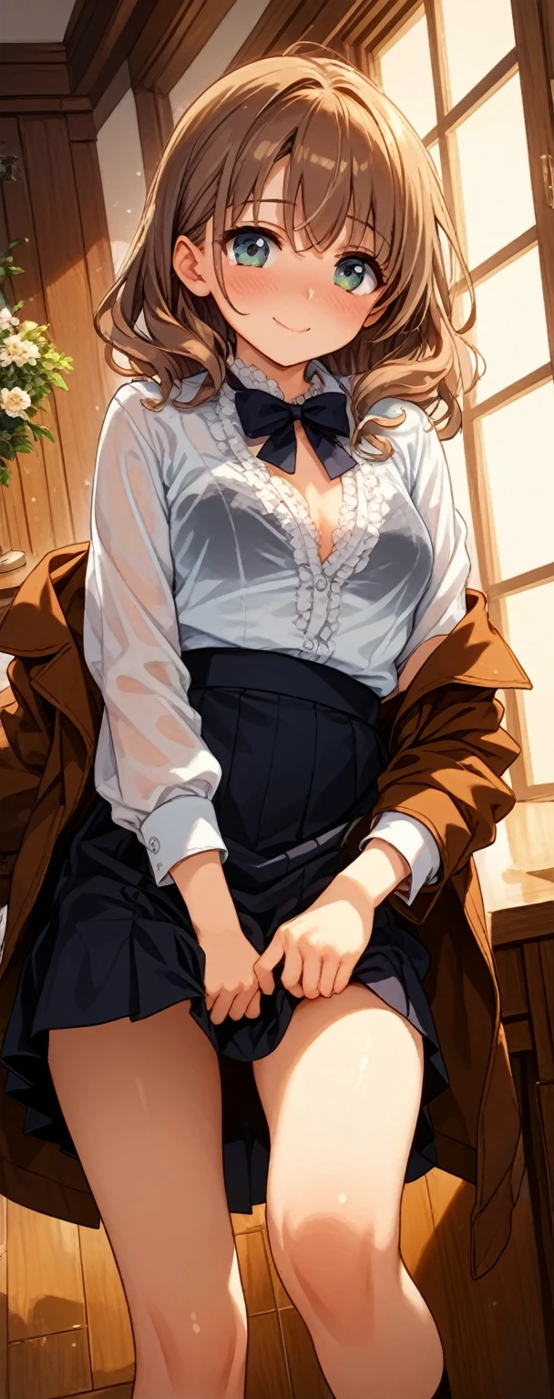 (masterpiece:1.2, top-quality), (realistic, photorealistic:1.4), beautiful illustration, (natural side lighting, movie lighting), , 
looking at viewer, 1 girl, , high school girl, perfect face, cute and symmetrical face, shiny skin, 
(short hair:1.5, curly hair:1.5, ((very long back hair)), light brown hair), crossed bangs, brown eyes, big eyes, slant eyes, long eye lasher, (large breasts, curvy waist, big ass), glamour, 
beautiful hair, beautiful face, beautiful detailed eyes, beautiful clavicle, beautiful body, beautiful chest, beautiful thigh, beautiful legs, beautiful fingers, 
((overly long sleeve black cardigan, white collared shirts, black pleated mini skirt), dark red bow tie), 
(beautiful scenery), morning, (outdoors), walking, (lovely smile, upper eyes, parted lips),Masterpiece, top quality, super high definition, 32K, with one beautiful adult woman, female, platinum blonde, green eyes, slit, upturned eyes, mascara. Long hair, model-like, tall, beautiful, perfectly proportioned. Outside the window is a cityscape, the sky, and a bed, shirtless, bra on display.
Her legs are spread wide, and her tight skirt is peeling back to reveal her panties. Her breasts are medium sized and beautiful.
The woman's face is flushed bright red and she has a troubled smile on her face.