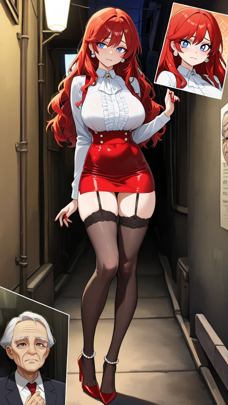 ((best quality)), ((masterpiece)), ((full body)), dark background, sexy red head girl with a team rocket outfit, thigh high boots, long white gloves