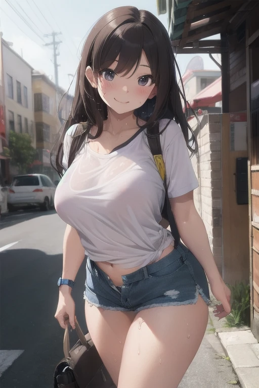 Big breasts, belly-baring white T-shirt, see-through T-shirt, tight-fitting shirt Short sleeve jacket Underboob visible Long hair Brown Hair Twin tails Denim shorts, plump belly, night, dark skin, comfortable face, red cheeks Black knee-high boots, nipples and areola visible through clothes, angle showing the whole body, bow-legged, fingering, liquid leaking from shorts, black hair tie, standing, waiting at station, smartphone held in left hand, shoulder bag on right shoulder, focused on smartphone, crowd of people, shiny belly