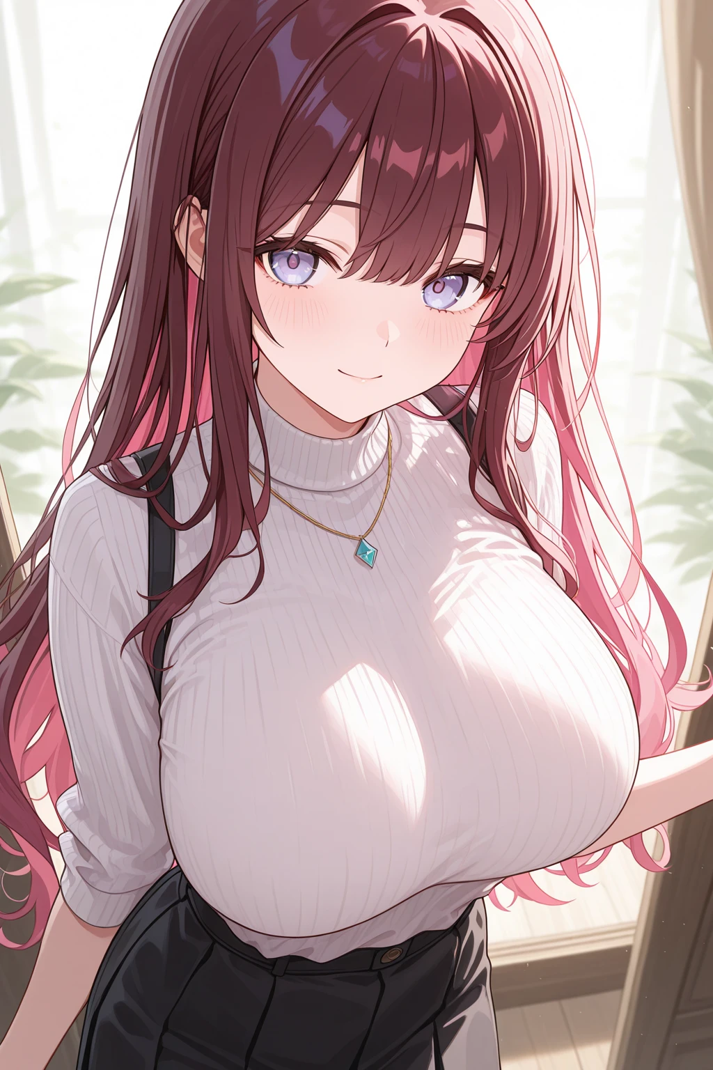 (masutepiece, Best Quality), Upper body, Looking at Viewer, 1girl in, Kashino, hair_flower_nffsw, Half-closed eyes, Purple eyes, smug, :3, Open mouth, Huge breasts, T-shirt, Black shirt, hand on own hip, gigantic huge tits,