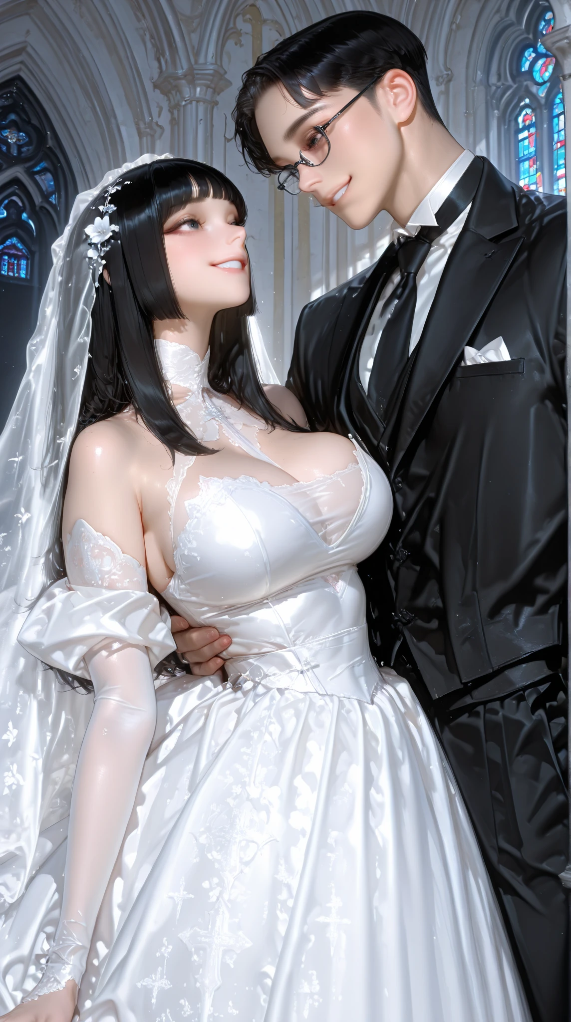 [extremely_detailed_skin, extremely_detailed_face, extremely_detailed_eyes], (masterpiece), (best quality), 1girl, cleavage, shiny skin, muscular, (white latex elbow gloves), (white micro bikini), tan skin、NSFW、Panoramic viewing angle、Pussy Real、Breast Real、Mastepiece、It is high resolution.、Photo woman、Detailed digital illustration、Wavy Long Hair、Folded ponytail、Detailed eyes、Shiny Hair、((Ruffled Wedding Dresses:1.6))、Very beautiful woman、Black eyeshadow、The eyes are double、Normal chest、Bust A cup、high resolution、high quality、Detailed background、((Very crowded restaurant:1.4))、((Two Arms、Four fingers、One thumb))、((Two Legs、Four fingers、One thumb))、Very beautiful woman、masterpiece、(A kind smile:1.3)、(((Having sex with a boy coming from the side:1.6))),(((Creampie:1.6))),(((Orgy:1.6))),(((Sucking penis:1.6))),(((Cum in mouth:1.6))),
