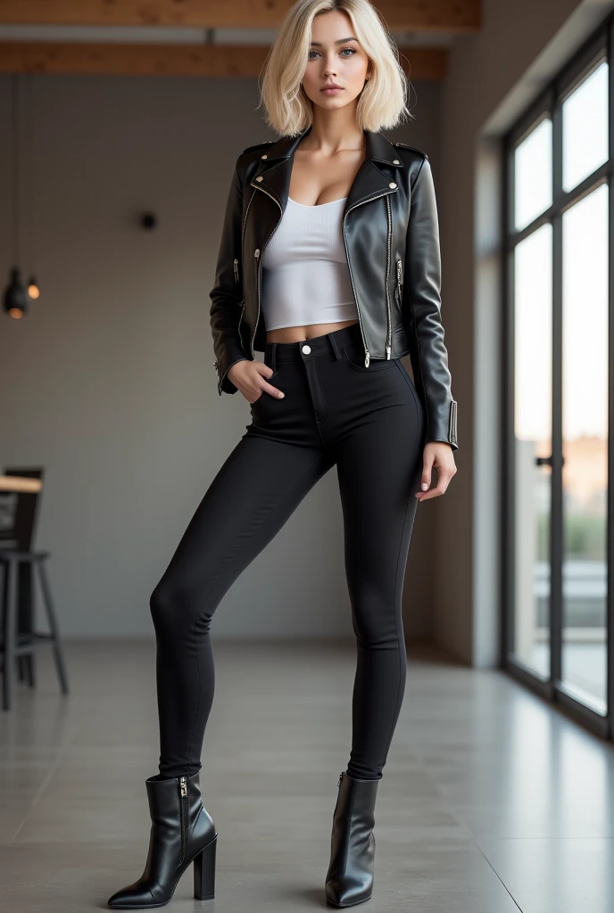 captured with a Sony α7 III camera, an narrow waist, wide hips, and a full bust. The proportions are highly stylized, with a sharp contrast between the tiny waist and the expansive curves of the hips and chest, full body shot, fitted leather jacker black in color above the hip line, inner white tee, skinny black jeans, Studded Ankle Boots dark brown, standing, creamy white background.