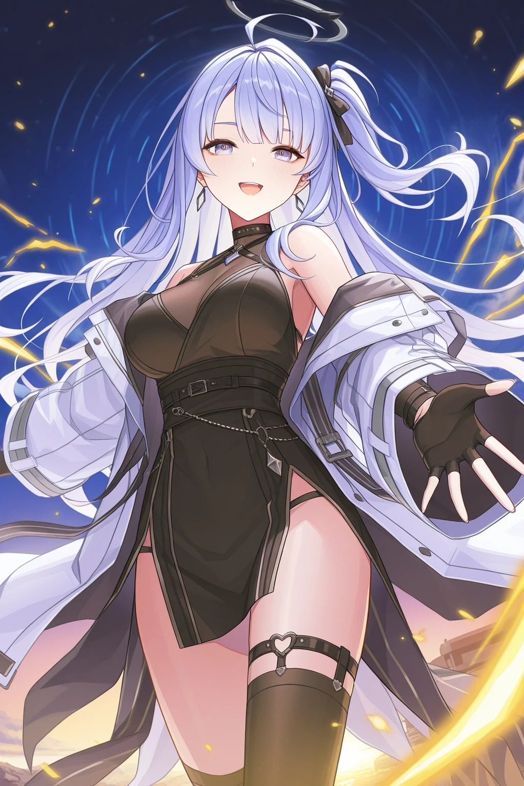 "(Highest quality,High resolution:1.2), Cute Smile, Unusual Point of View, White sweater, Medium Shot, Color decomposition color, shoulder, blush, (Gray Hair), White gloves, White boots, Blue Iris",star空の背景,star,((Detailed depiction of panties)))、Shot of her from below、Dynamic posture、only、High Kick、Attacking with the feet、Superperspective、Wide Shot、shortening、Combat Stance