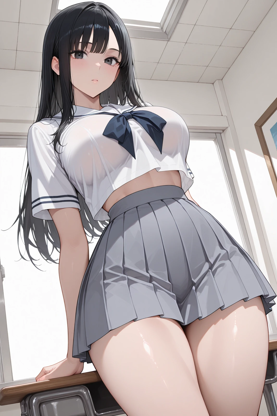 A woman, delicate, perfect, from the back, short skirt, showing panties. Ultra realistic, perfect image, without defects.