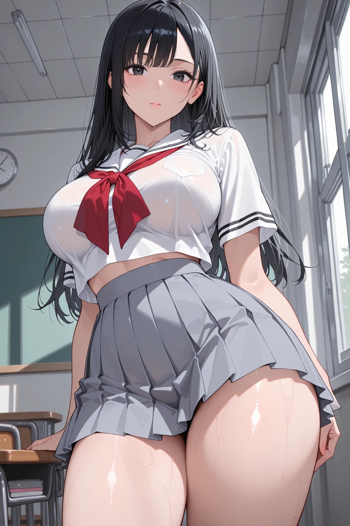 Highest quality,masterpiece,8K,1girl,((loli,big breasts,little girl:1.3)),((orgasm,blush,:1.3)),((long hair,low twintails)),hair ribbon,sweat,Shiranui Mizuki,((school uniform,white shirt,black skirt,Miniskirt,lift skirt,upskirt,black panties,lace panties)),black thighhighs,classroom,((((walking))))
