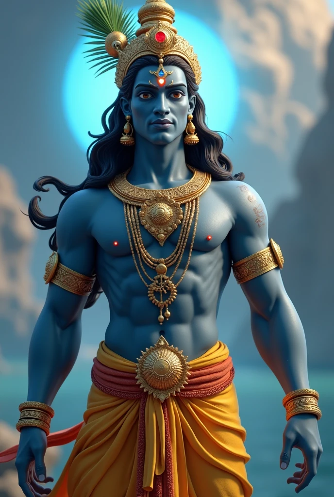 Lord Shiva、A meditative、3rd eye、Bright blue skin、slender、dreds、Wear rosaries on your arms and neck、Wrapping a snake around the neck、Countless Buddhas spreading in the back、magic circles、suns