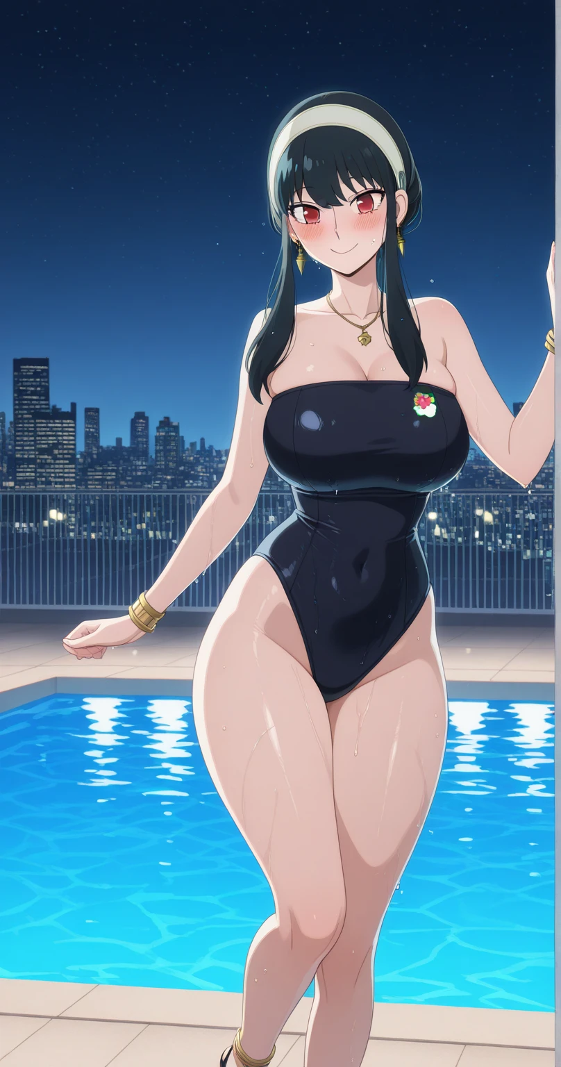 (perfect body),highest quality,(8K portrait),(anime screen cap)、(nsfw)、Sweat,((big breasts))、(black hair),((bob cut))、red eyes,(thick thighs),big ass、swollen nipples、(Navy Blue High Leg Swimsuit)、A sluggish smile、adult woman、(((embarrassing)))、((Poolside))、obesity、((hands behind head))、((both armpits))、glasses、wears a whistle around the neck