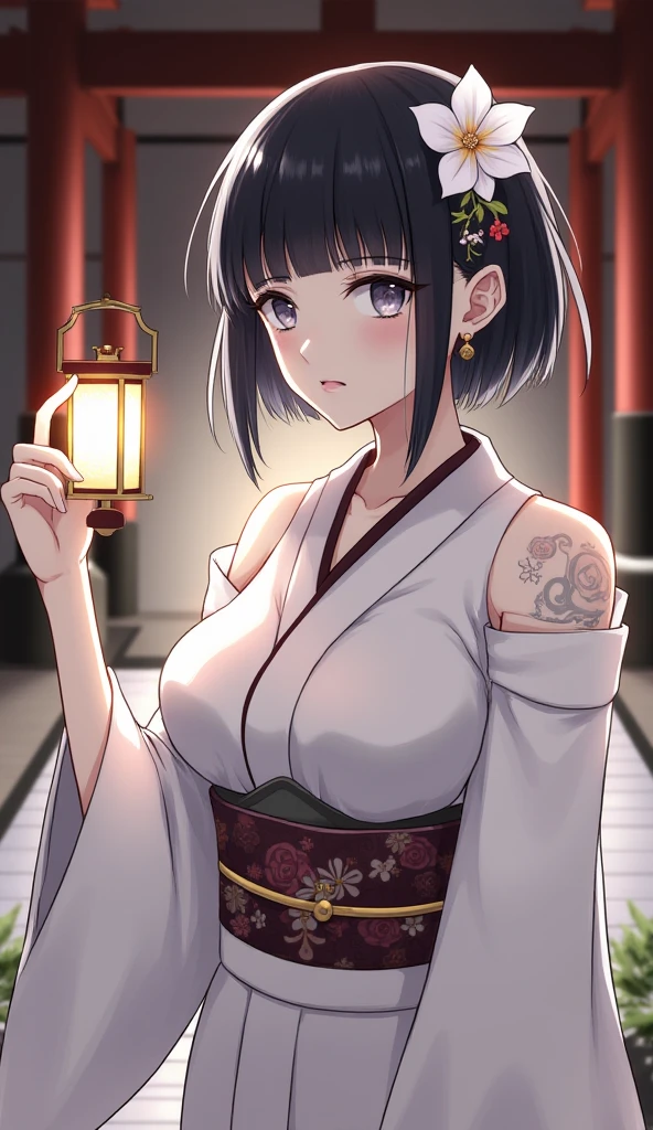 Photographed at a night festival,Show the whole body,Show your whole body,One Woman,Yor Forger,Yorubriarata, bangs, (Red eyes:1.5), Black Hair,Medium Hair,Let the hair hang down on the sides, Flower Hair Ornaments,Big Breasts,Cleavage,Cleavageを見せる,yukata,花柄のyukata,Show the whole body