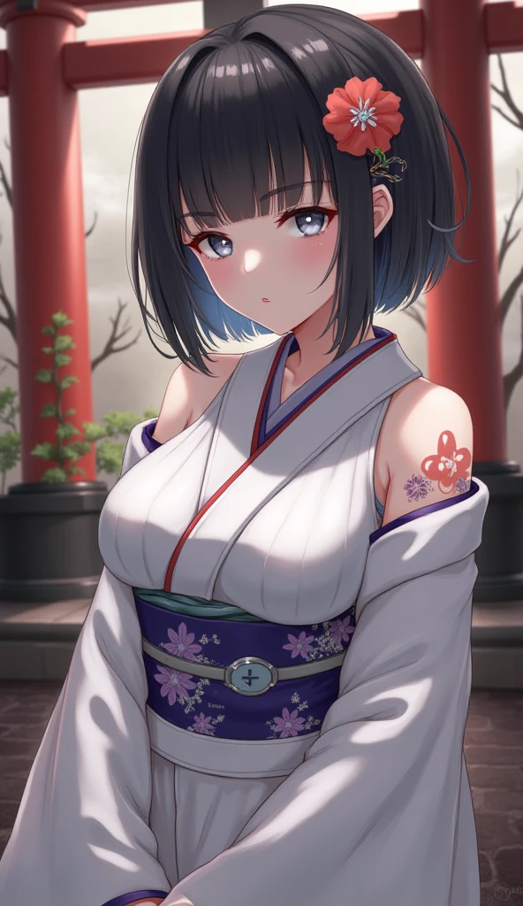 (absurdres, highres, ultra detailed),masterpiece,best quality,high resolution,8k,Realistic face,Realistic skin texture,magnified textures, stunning clarity,(ultra detailed eyes and face),(1 woman:1.5),45 years old,dark purple hair,side parted,short hair,(wrinkles skin:1.1),(disgusted:1.2),monolid eyes,bulging nose,Manager of Onsen Ryokan,gray kimono,plump body type,Lobby of Japanese Ryokan,Inside the reception counter,look at viewer