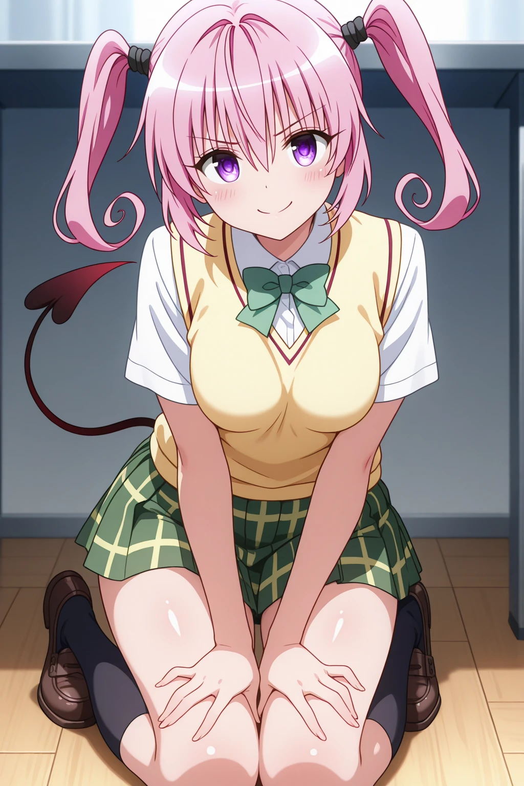 best quality,masterpiece, high res,original, beautiful detailed eyes,ultra-detailed, perfect anatomy,
1girl, solo, cowboyshot, sitting,
large breasts, wide hip,
glamorous body, slender body,
<lora:Momo:0.8>, short_hair, skirt, hair_ornament, thighhighs, school_uniform, purple_eyes, tail, pink_hair, zettai_ryouiki, demon_tail, sweater_vest,
happy face, blush, open mouth,
perfect lighting,Colorful, Bright_Front_face_Lighting, shiny skin,
(beautiful_face:1.5),