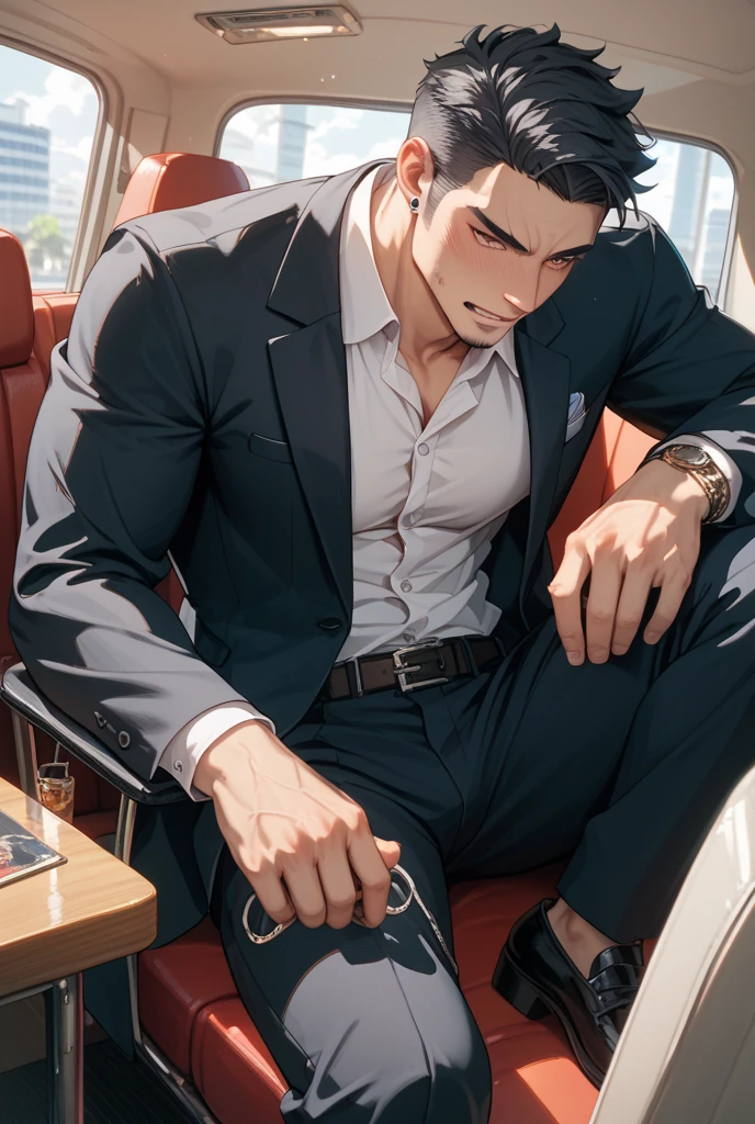 30 years old,Salaryman,Single simple black suit,Falling to the ground and sleeping,Open your legs more,Black Belt,black tie,logic,,Gay ,Black Hair,7:3 parting / all back,Stubble,Black sunglasses,Asian Faces,Masculine,Bulging in the crotch area of pants,Erotic ,View from above、The zipper of his pants is open、Pubic hair visible
