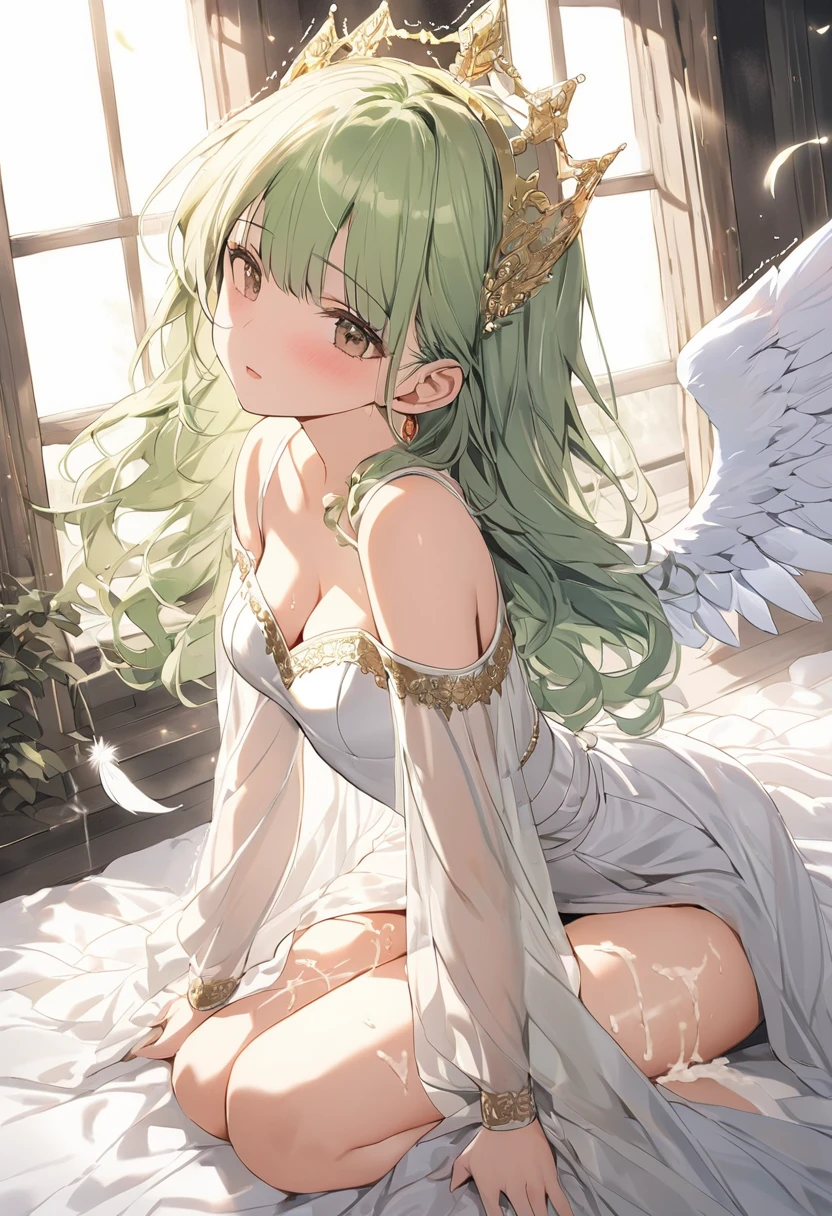 Anime art style, Fubuki from one punch man, green hair, white skin, wearing V-neck dress, flying over destroyed rock, cinematic lights, blushing cheeks, ligth smiling, detailed small breast, wide hips, NSFW, cowboy shot.