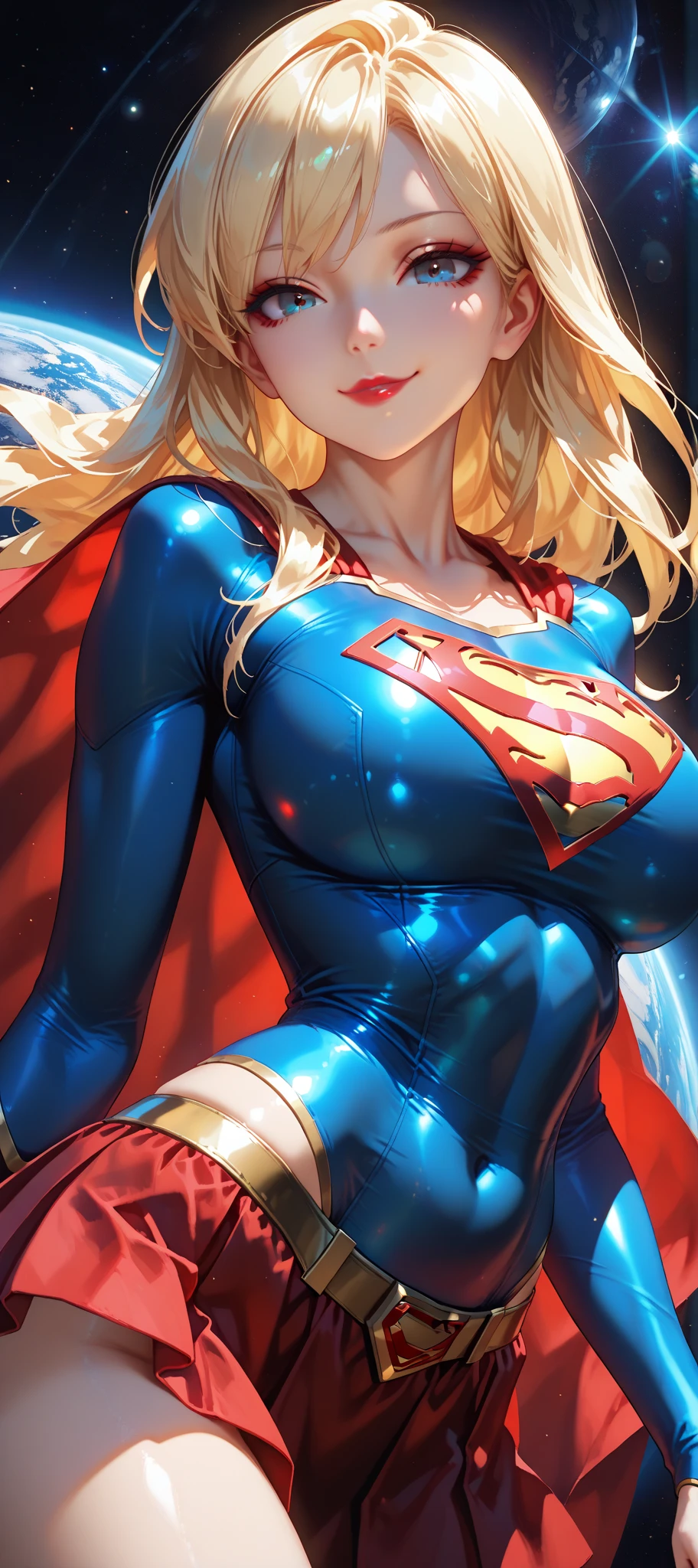 ((best quality)) ((Ultra Detalhado)) ((supergirl)) ((foto do corpo inteiro)) (( botas vermelhas)) ((com da roupa da supergirl)) ((rosto detalhado)) ((blue swimsuit)) ((big tits)) ((cabelo longo loiro)) ((cabelo longo sedoso)) ((corpo atletico)) ((olhos atraentes)) ((sharp eyes)) ((corpo magro)) ((High-resolution shadows)) ((cores atrativas)) ((pulseiras de ouro)) , Apertado ,capa vermelha, symbol of superman, sombras claras, heroic pose, in space with the planets behind.