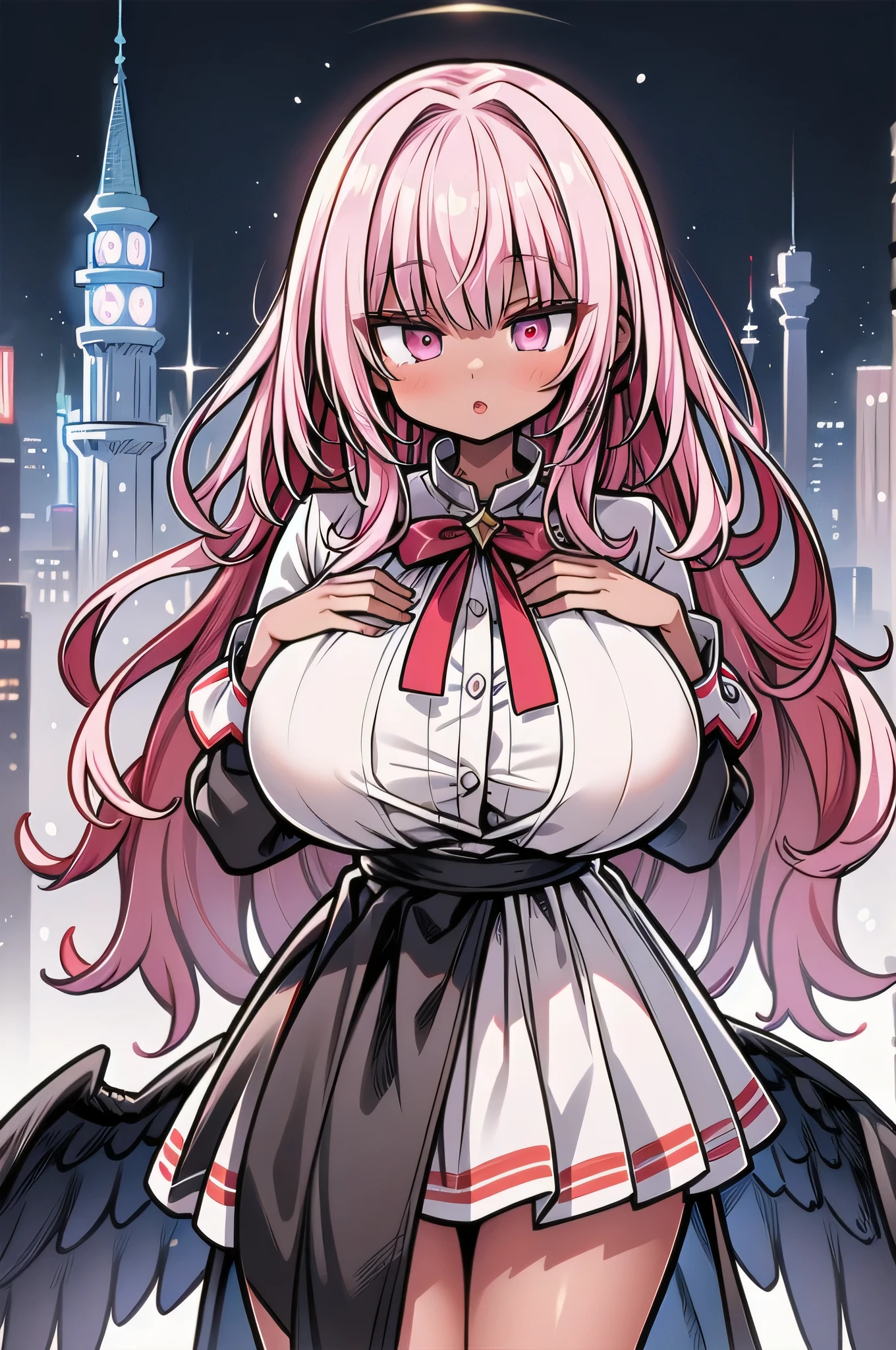 ((top quality)), ((masterpiece)), (huge sagging breasts:1.38),thick legs,Patterned clothing.Magical Girl,pink hair with long n sleeves.(dark skin:1.25). magic wand. cowboy shot. in the city,