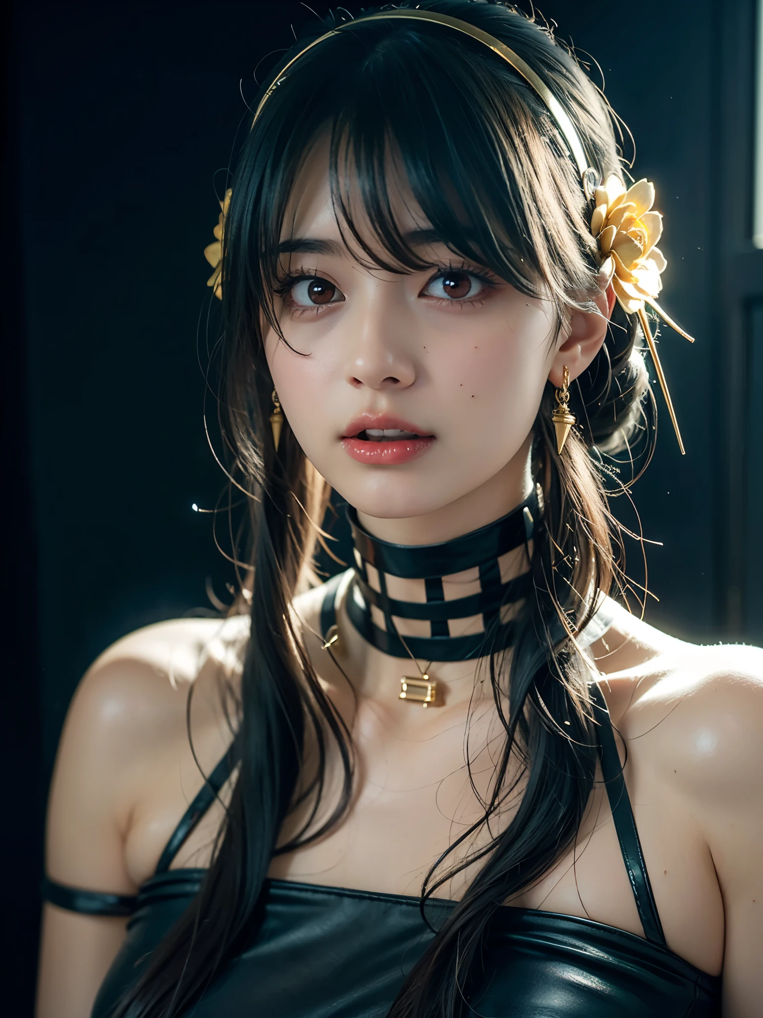 A whimsical Victorian gothic steampunk maiden, adorned in a golden jacket, captured in a low-angle shot. Surreal lighting casts enchanting shadows, enhancing her cute yet mysterious aura, inside room, .