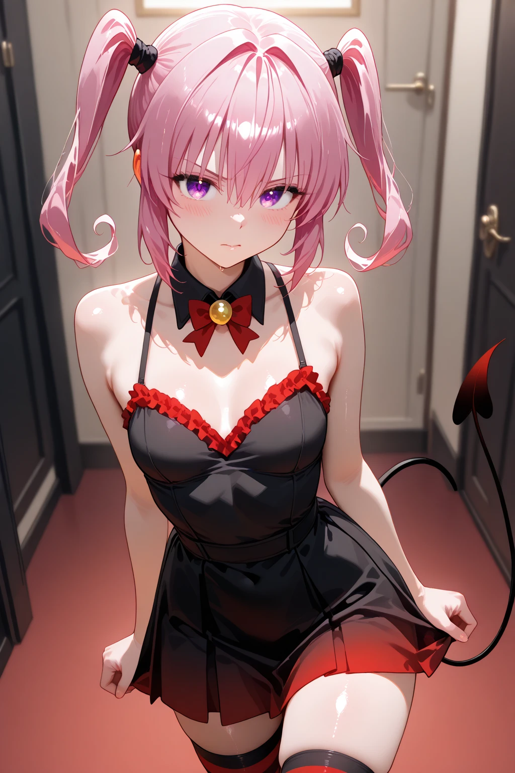 (1Girl, (Badass), shy smile, Tattoo, Pink Hair, (Yellow eyes color), Wearing a (Red) dress), (In a mannor room)