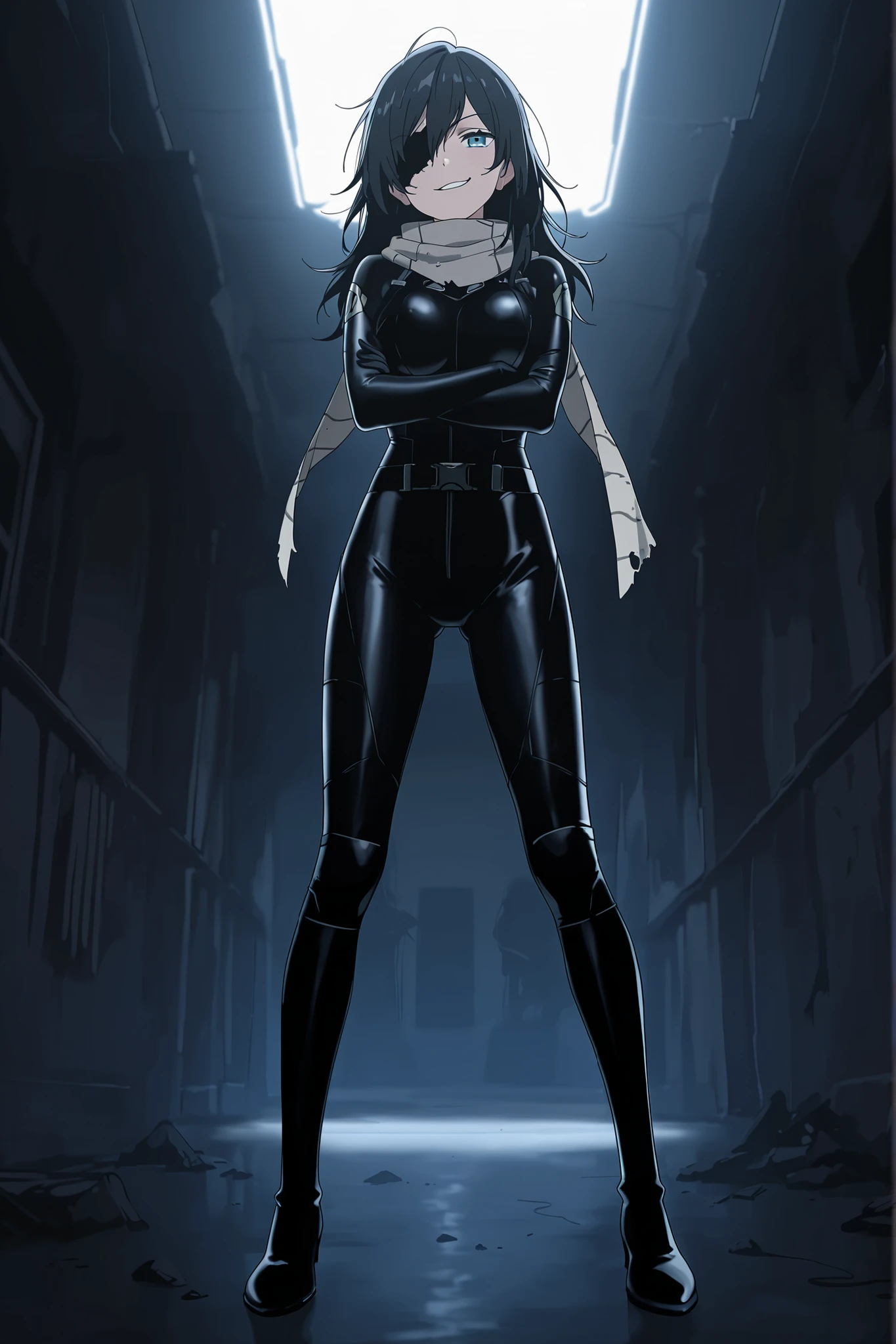 score_9, score_8_up, score_7_up, best quality, detailed face, detailed background, maximum detail, beautiful face, beautiful eyes, very aesthetic, absurdres, perfect lighting, nsfw, 1 female, anime coloring, dark room, wearing clad black skinsuit , grey damaged scarf around neck, black bandage over left eye, smirk, long messy black hair, full body, standing, crossing arms