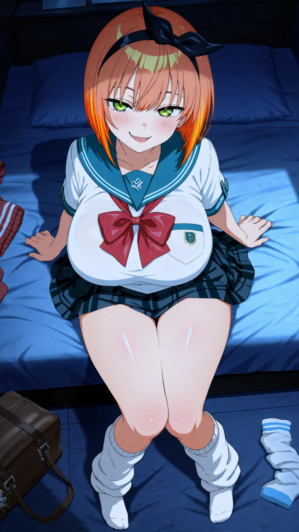 (masutepiece),(Best Quality), Asuka Langley Soryu，Blue eyes，hair between eye，headware，Interface headset，Orange hair，Red Ribbon、bow ribbon、skirt by the、Red slip dress、Slip Dress、Full Moon Night、Tokyo No. 3 Middle School Uniforms 、Colossal tits,masutepiece, superfine illustration, Best Quality, light Particle, Ultra-detailed, 8K Wallpaper, (Bright colors:1.2), Solo, (girl with), Super burst breasts, Straight hair, Shiny hair, Shiny skin, Delicate line tail face, (shairband, School uniform, Bottomless), less area underwear, lowfers, sox, Orgasm Face, Very beautiful blue eyes, shiny eyes, Closed eyes, Arched back, Orgasm Face, o-face, Blush cheeks, Arched back, under the boobs,, hetero, (laying on back), (girl spread legs:1.4), (Intense Sex:1.7), (cum shots:1.2), NSFW, crass room
