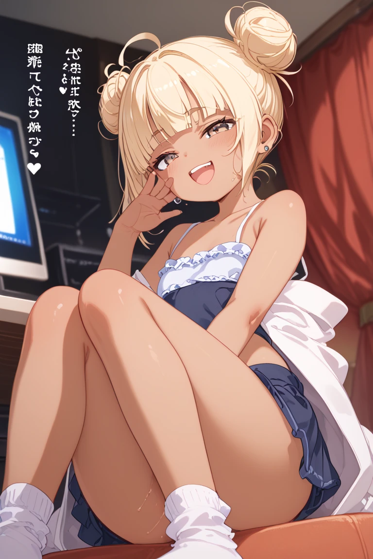 1girl, (Angle from below)、((On the balcony)), show off her breasts, (Blonde), (Tanned shiny Brown skin:1.3)、Glowing Eyes, ((evil grin)), (5 years old girl), Multicolored Hair、Cap, pink rip, ((((Long sleeveless shirt)), Black Bra、Sheer miniskirt、((Panties with horizontal stripes)), (small breasts), (jewelry))), ((close up penis)), ((The girl is wearing sneakers)), Showing off panties、A man masturbating under a girl's feet、1boy, penis, (the boy is masturbation under the girl), eject cum:1.3、