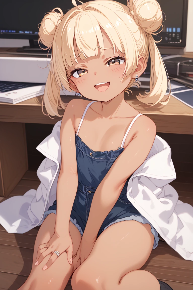 gonzarez, masterpiece, Serenaj, 1girl, solo, jewelry, only shirt , smile, blonde hair, blue crystal earrings, blue eyes, open mouth, eyelashes, vest, blush, bangs, breasts, medium hair, bracelet, looking at viewer, night, sparkle, bed room 