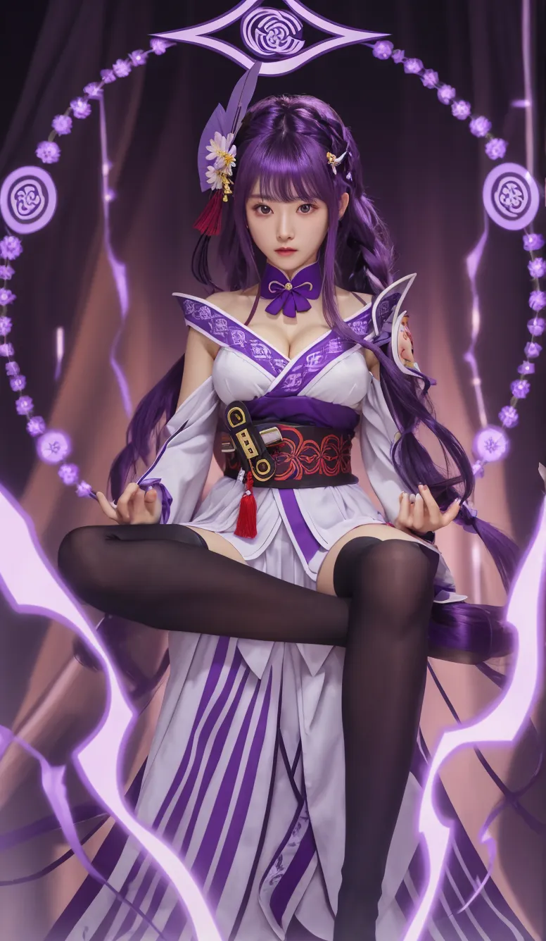An chinese female character with mystical attributes, growing purple magical symbols circling around, accompanied by a white owl perched on air. The setting is a dimly lit, ancient stone pathway that gives an aura of an old civilization. The character's costume with shirt-underpants