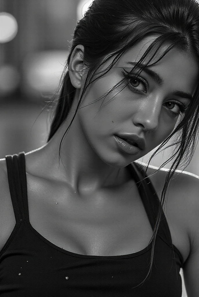 The black and white single strap tank top accentuates the sexy woman's undeniable magnetism