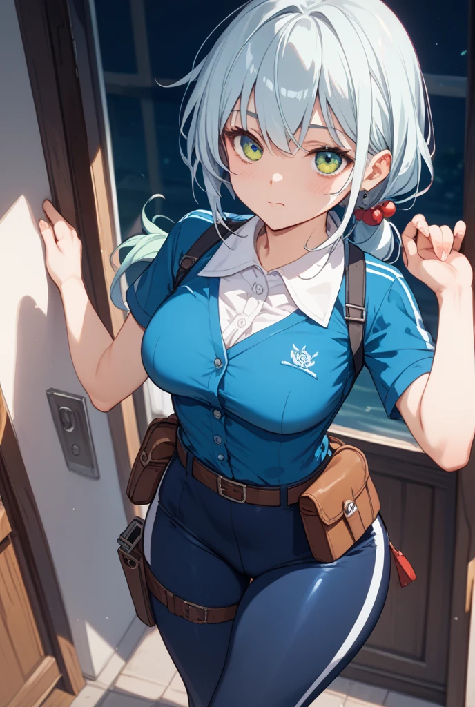 (kinako_(shiratama_mochi) style, ((topless)), nsfw, masterpiece, 1 girl, erect nipples, intricately detailed, navel, bare shoulders, white hair, hard hat, construction site, towel on neck, wiping sweat, baggy pants, cargo pants, extremely detailed, bare breasts, puffy nipples, green eyes, bare stomach, sweaty, medium breasts, arm strap, cowboy shot, holding sledgehammer, mature, chain, soft eyes, smiling, sunlight, day