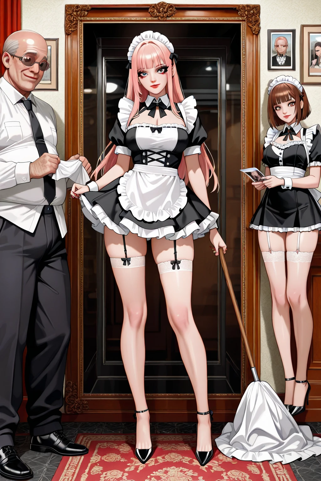 Full body image of two characters, standing, a woman, with a black maid outfit with a black skirt and white tights with clasps on the skirt wearing a maid headdress, extremely sexy, exaggeratedly large breasts and exhibitioniata with tight clothing on the body, a very tall man with wrinkled skin and a long white beard with a black and taped suit, he is holding her from behind tightly by the waist,((she has black hair and blue eyes)), he has his hand on the wall, they are in the entrance from the bathroom you can see the shower open with hot water and steam coming out of the door, they are looking at the viewer, she is smiling, he is angr, anime, Realism, UHD, 16k, masterpiece, high details, best quality, anatomically correct, 16k, best quality, high details, masterpiece, UHD